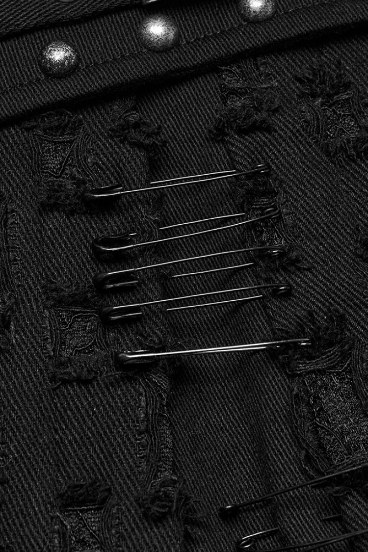 Black Ripped Asymmetric Studded Women's Punk Denim Skirt - Product - 8
