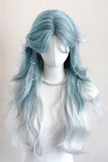 Glacier Blue Ombre Curtain Bangs Long Wavy Sweet Lolita Wig front view