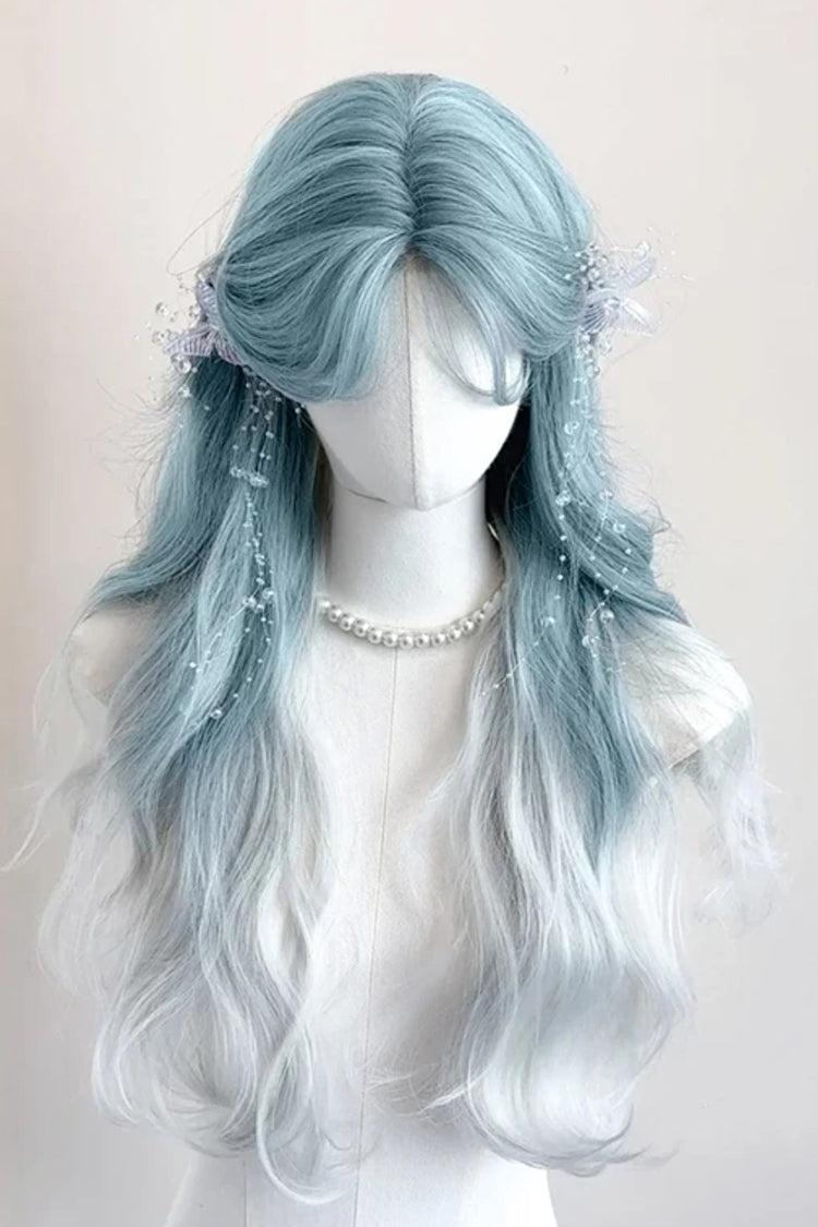 Glacier Blue Ombre Curtain Bangs Long Wavy Sweet Lolita Wig - Glacier-Blue - 1