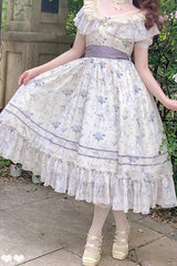 Purple [Summer Flower Wall] Short Sleeves Printed Ruffled Bow Lace Sweet Elegant Lolita Dress with Padded Bust - Product - 5