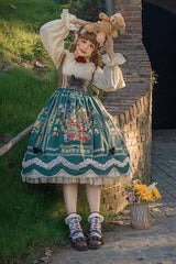 Green [Ode to Plenty] Berries and Birds Print Ruffle Bowknot Velvet Classic Lolita Breast Support Jsk Dress - Product - 16