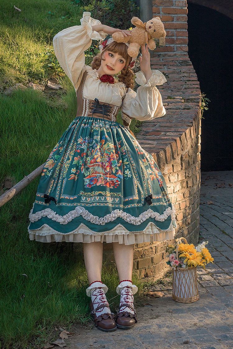 Green [Ode to Plenty] Berries and Birds Print Ruffle Bowknot Velvet Classic Lolita Breast Support Jsk Dress - Product - 16