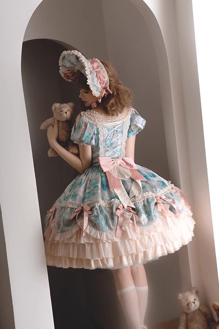 [Angel Heart Sky Oil Painting] Print Ruffle Cardigan Bowknot Sweet Princess Lolita Dress 3 Colors - Product - 22