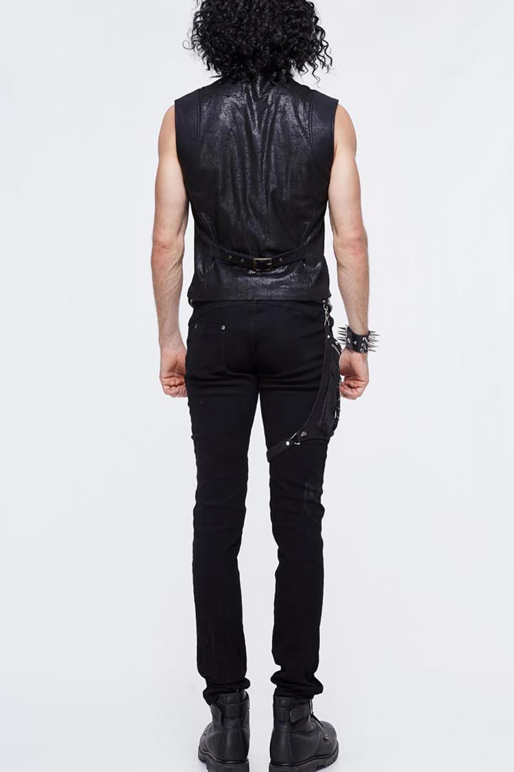 Black Coarse Texture Woolen Patchwork Heat Seal Backing Leather Loop Rough Selvage Men's Punk Waistcoat - Product - 8
