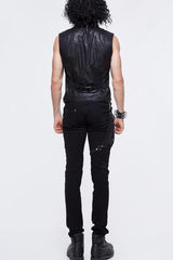 Black Coarse Texture Woolen Patchwork Heat Seal Backing Leather Loop Rough Selvage Men's Punk Waistcoat - Product - 8