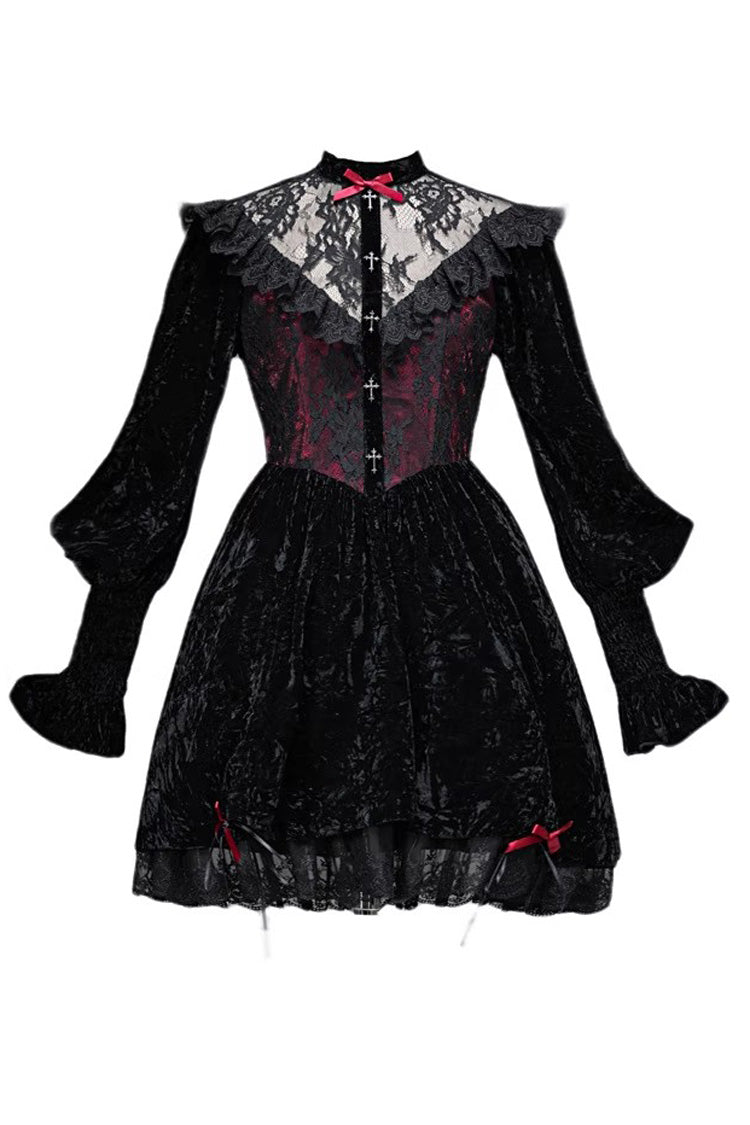 Black/Red [Rose Cemetery] Long Puff Sleeves Hollow Lace Gothic Lolita Dress - Product - 3