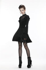 Black V-neck Long Sleeves Ruched Ruffled Lace Women's Lolita Gothic Velvet Dress - Product - 2