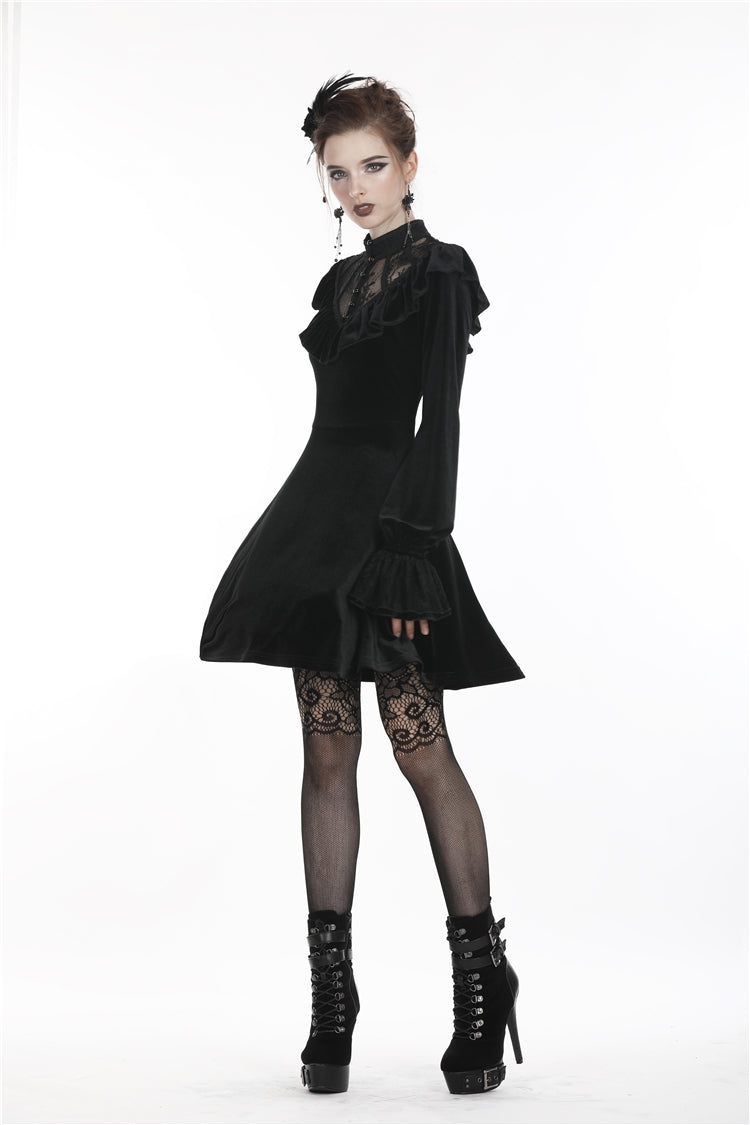Black V-neck Long Sleeves Ruched Ruffled Lace Women's Lolita Gothic Velvet Dress - Product - 2