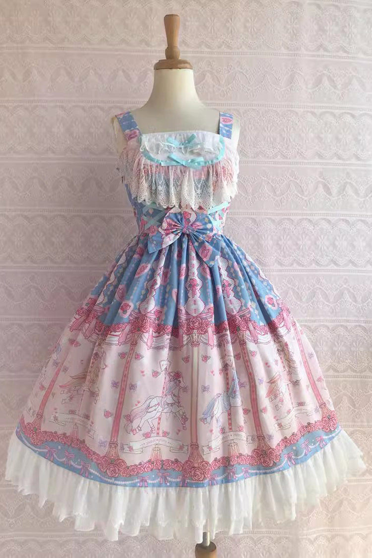 Rose Trojan Print Ruffle Bowknot Sweet Lolita Jsk Dress 3 Colors - Blue/Pink - 2