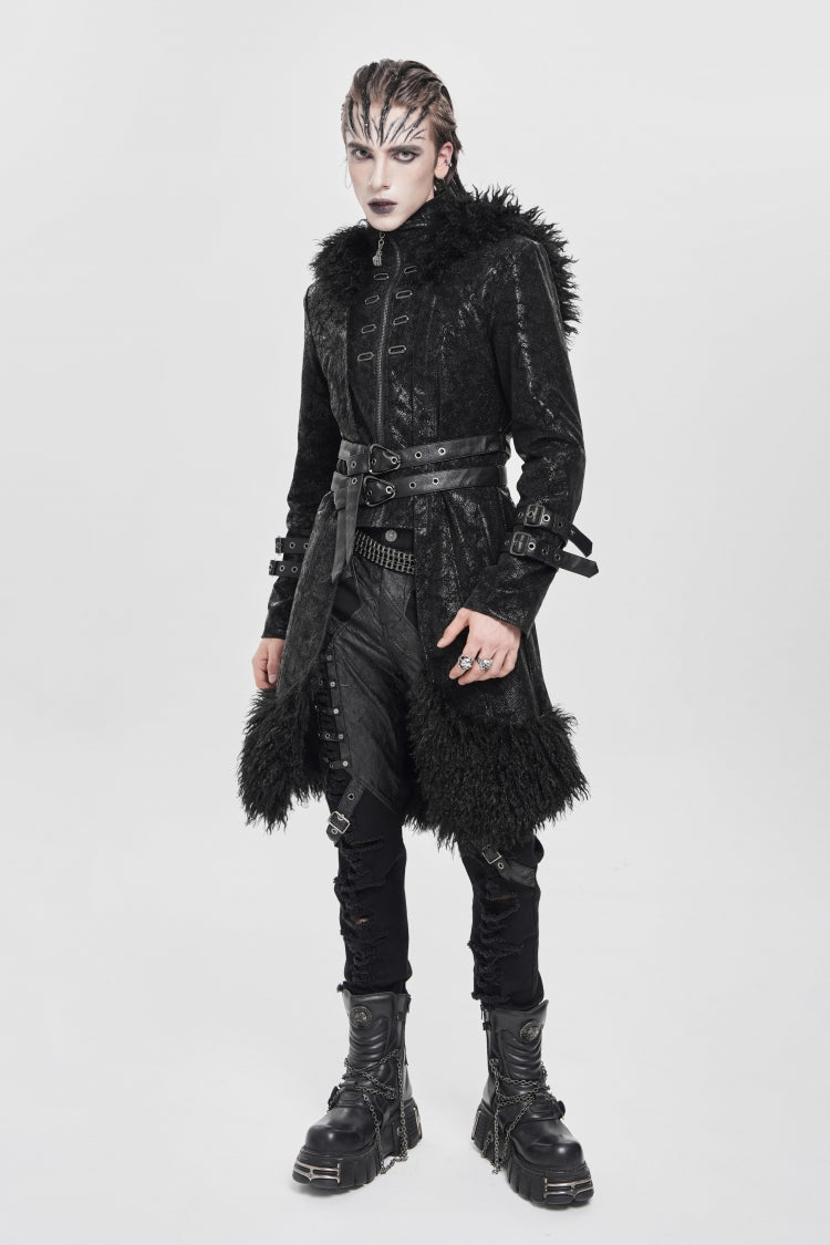 Black Stand Collar Long Sleeves Lace-Up Slim  Zippered Men's Punk Coat with Detachable Belt - Black - 1