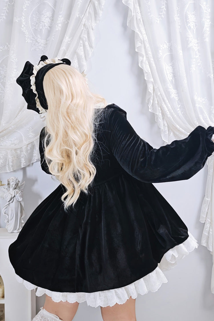 Black [Antique Velvet Doll] Stand Collar Long Sleeves Ruffled Bow Gothic Plus Size Lolita Dress - Product - 5