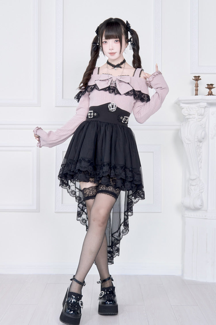 Jirai Kei Fake Two Pieces Off Shoulder Long Sleeves Ruffle Bowknot Lace Gothic Dress 2 Colors - Product - 10