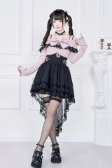 Jirai Kei Fake Two Pieces Off Shoulder Long Sleeves Ruffle Bowknot Lace Gothic Dress 2 Colors - Product - 10
