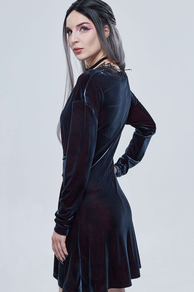 Black/Red Gothic Lace V Neck Bow-Knot Frenulum Velvet Long Sleeve Women's Dress - Product - 4