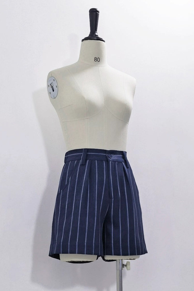 Blue Rabbit Theater Vertical Stripes Print Ouji Fashion Sweet Prince Cool Lolita Shorts - Blue - 1