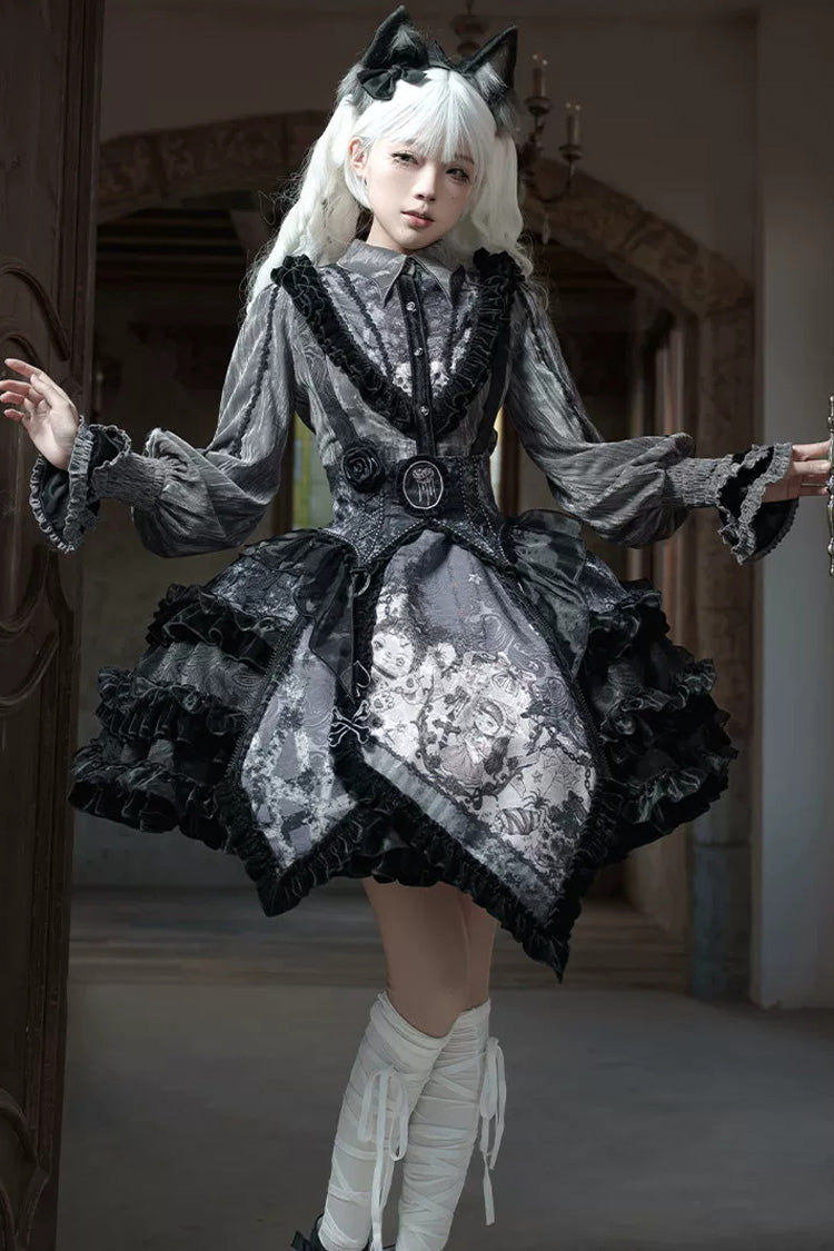 [Werewolf] Fairy Tale Lapel Collar Long Sleeves Printed Ruffled Open-Front Lace Heavy-Detailed Gothic Lolita Skirt Set (Red, Grey, Purple) - Product - 23