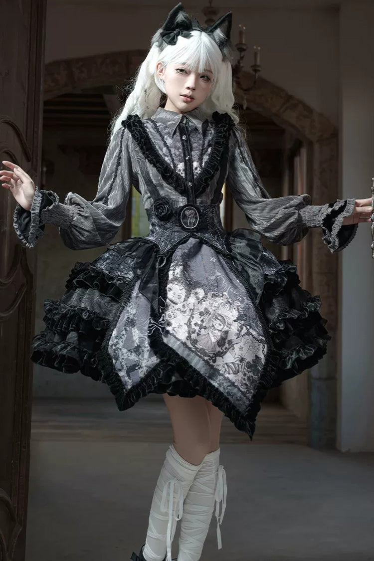 [Werewolf] Fairy Tale Lapel Collar Long Sleeves Printed Ruffled Open-Front Lace Heavy-Detailed Gothic Lolita Skirt Set (Red, Grey, Purple) - Product - 23