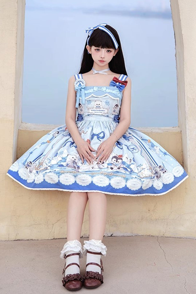 Blue [Penguin Navy] Print Ruffle Bowknot Sweet Princess Lolita Jsk Dress - Product - 2