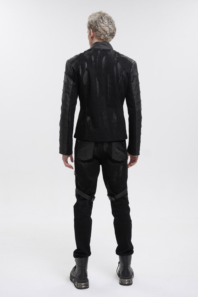 Black Stand Collar Stretch Faux Leather Twill Woven Men's Punk Jacket - Product - 4