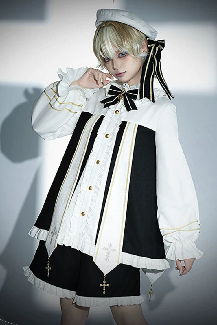 White [The Choir of The Church] Long Sleeves Bow Chain-Decorated Gothic Ouji Lolita Set - White(Set) - 1