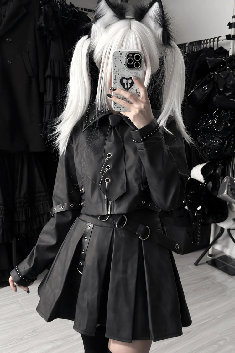 Black [Eternal Night of Bones] Lapel Collar Long Sleeves Studded Eyelet Gothic Jirai Kei Japanese Handsome Top and Skirt Set - Product - 6