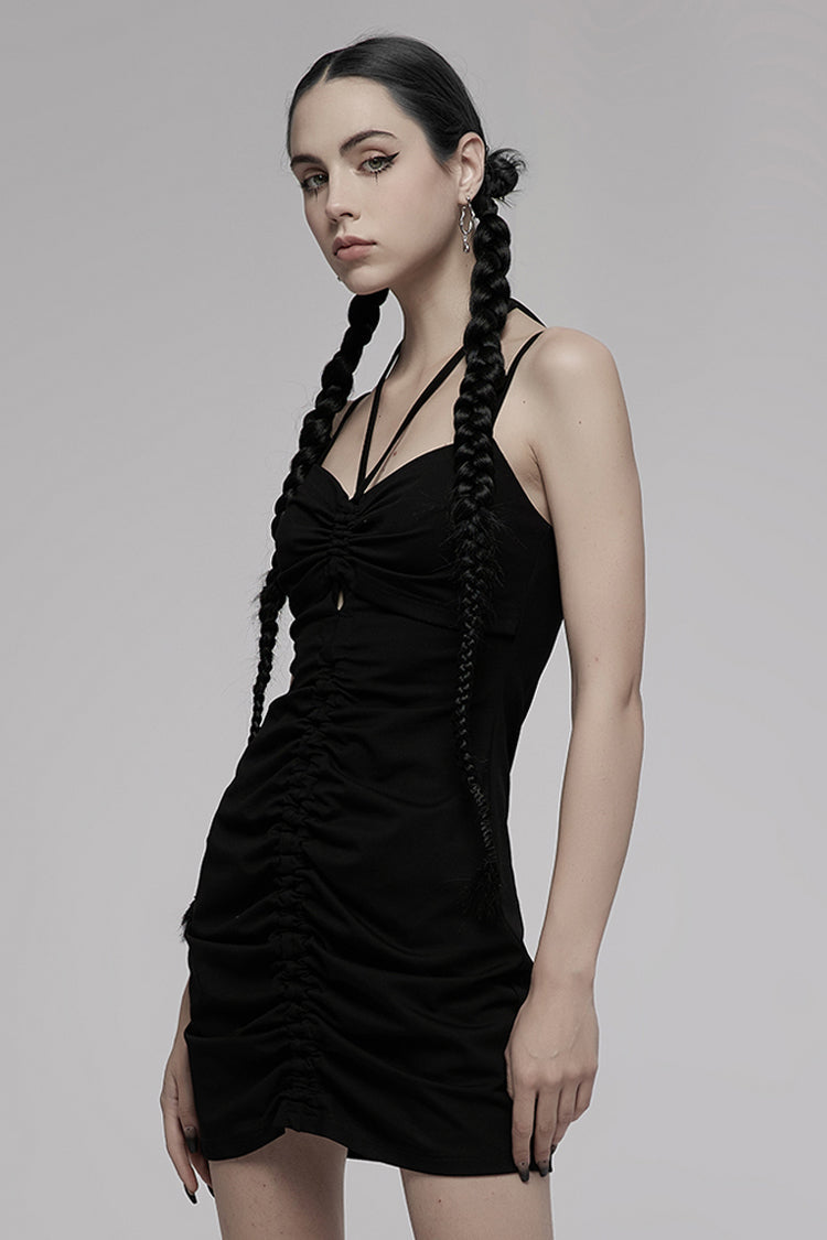 Black Knitted Stretch Hollow-Carved Design Drawstring Bodycon Shoulder Strap Halter Neck Women's Punk Dress - Product - 2