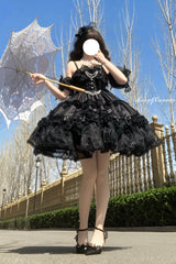 Black [Spring Cherry Snowfall] Off Shoulder Short Sleeves Multi-Layered Ruffled Bow Gothic Lolita Jsk Dress - Product - 5