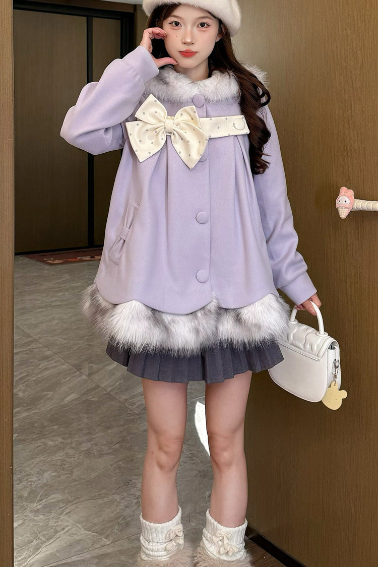 Purple Long Sleeves Plush-Trim Polka Dot Printed Bow Hooded Sweet Lolita Coat - Product - 4
