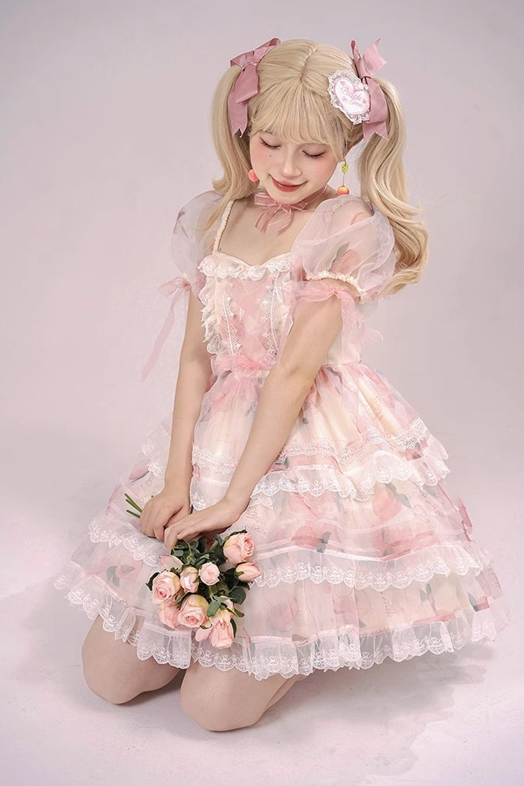 Pink Chiffon Organza Short Sleeves Multi-layer Peach Print Sweet Lolita Jsk Dress - Product - 3