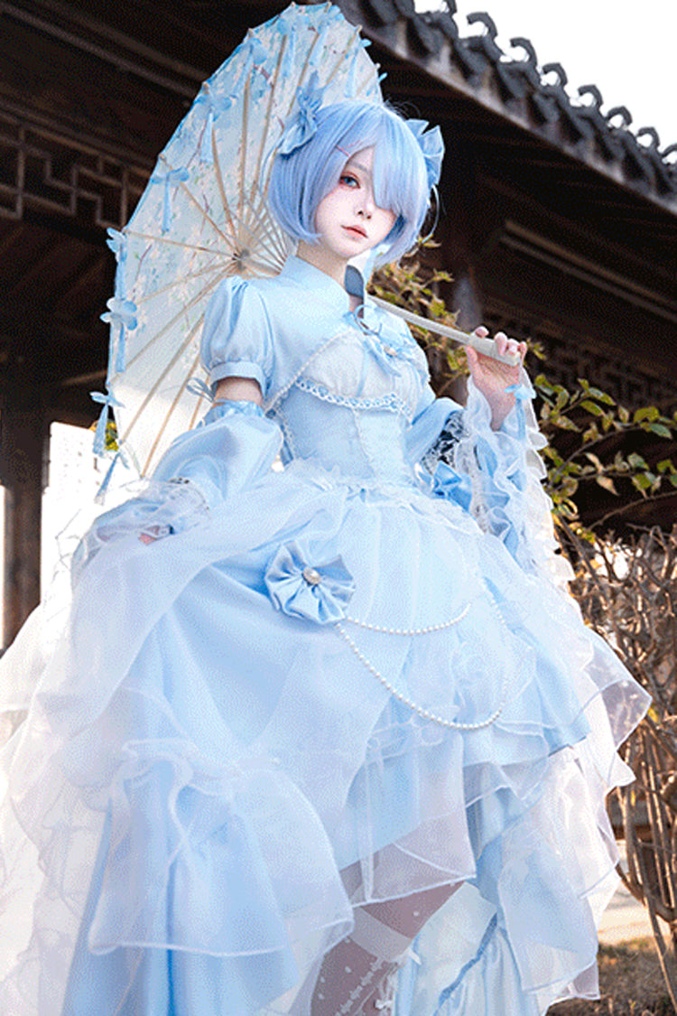Blue/White Porcelain Printed Ruffled Bow Lace High-low Sweet Plus Size Lolita Jsk Dress(Long Version) - Product - 4