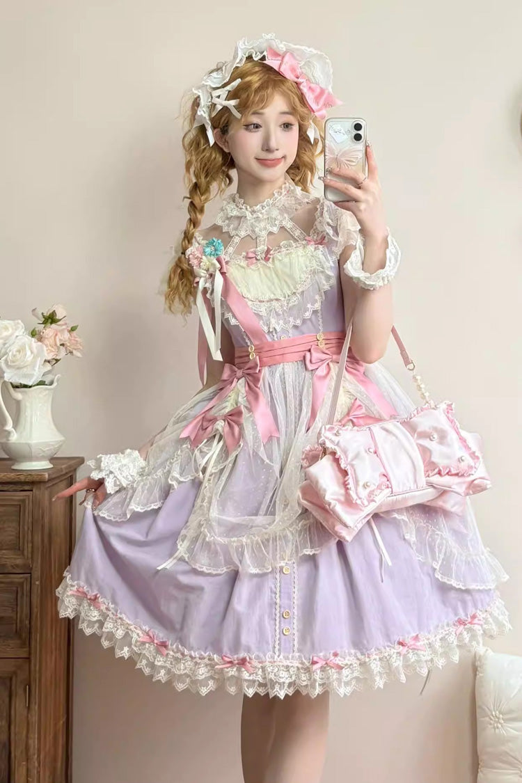 Purple [Sakura’s Spring Resonance] Sleeveless Ruffled Bow Sweet Lolita Jsk Dress (Short Version) - Purple - 1