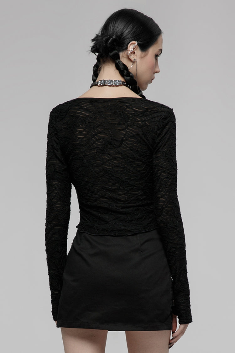 Black V Collar Long Sleeves Hollow Slim Women's Punk Blouse - Product - 3