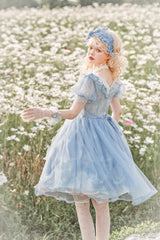 Blue High Waisted Planet Butterfly Print Ruffle Lace Sweet Lolita Dress - Product - 10