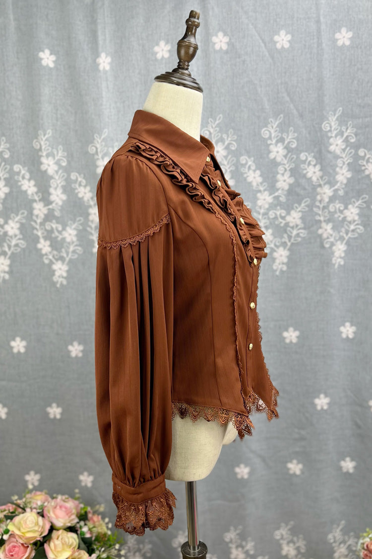 [Late Night] Lapel Collar Long Sleeves Ruffle Lace Slim Sweet Lolita Blouse 6 Colors - Product - 7