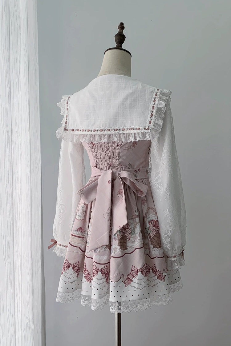White/Pink [Strawberry Bunny] Navy Collar Long Sleeves Printed Ruffled Bow Lace Sweet Japanese Jirai Kei OP Dress - Product - 3