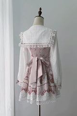 White/Pink [Strawberry Bunny] Navy Collar Long Sleeves Printed Ruffled Bow Lace Sweet Japanese Jirai Kei OP Dress - Product - 3
