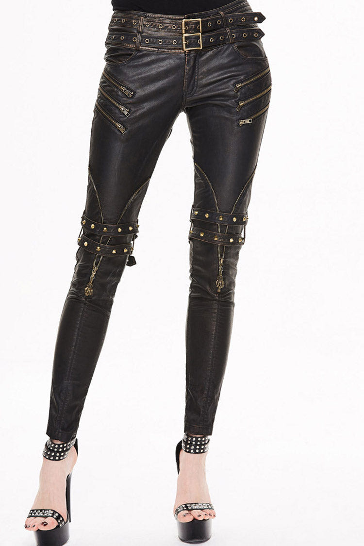 Brown Leather Metal Eyelets Belt Metal Buckle Leg Loop Hand-Rubbed Women's Punk Pants - Brown - 1