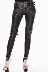 Brown Leather Metal Eyelets Belt Metal Buckle Leg Loop Hand-Rubbed Women's Punk Pants - Brown - 1