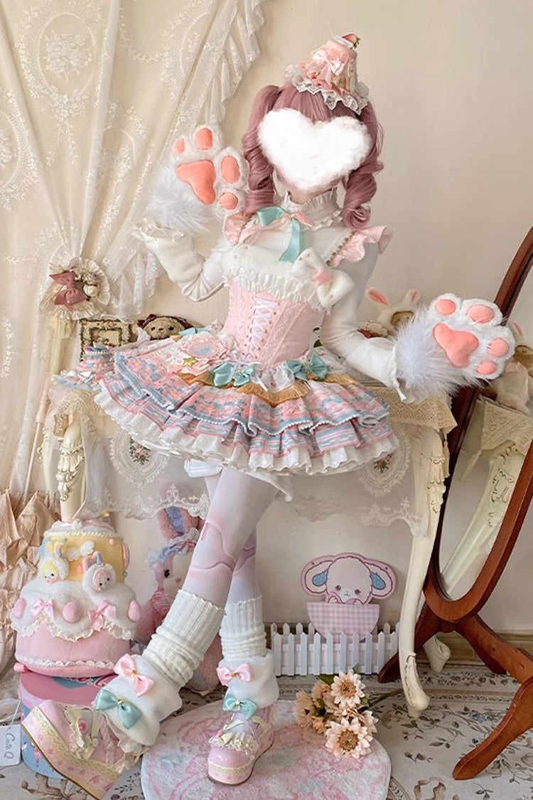 Pink [Candy House] Multi-Layered Print Ruffle Bowknot Lace-Up Sweet Ballet Lolita Jsk Dress - Product - 5