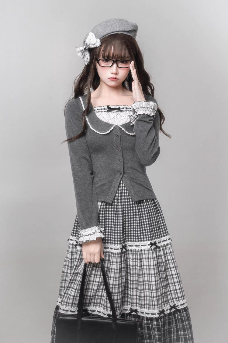 グレー [Star Candy] スクエアカラー 長袖 プリント Cut-Out レース 重ね着風 スウィートロリータスカートセット 商品画像