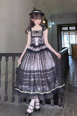 Grey/Pink [Mist-shrouded Vineyard] Sleeveless Ruffle Bowknot Lace-Up Sweet Lolita Jsk Skirt Dress Set - Grey/Pink - 1