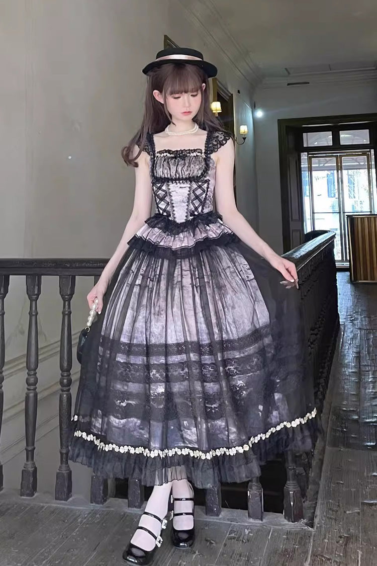 Grey/Pink [Mist-shrouded Vineyard] Sleeveless Ruffle Bowknot Lace-Up Sweet Lolita Jsk Skirt Dress Set - Grey/Pink - 1