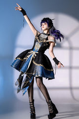 Black/Blue [Universe] Off Shoulder Halterneck Sleeveless Print Embroidery Cardigan Gothic Princess Lolita Dress - Product - 7