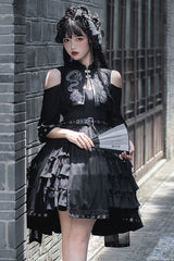Dark Boat Neck Dragon Print Chinese Style High Waisted Multi-Layer Ruffled Gothic Lolita Jsk Dress - Product - 3