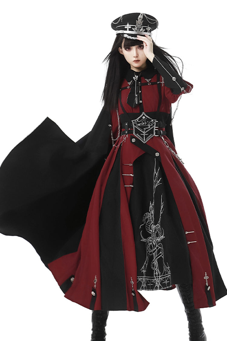 Red/Black [Scarlet Night Knight] Metal Chain Print Bowknot Gothic Military Elegant Lolita Dress - Product - 3
