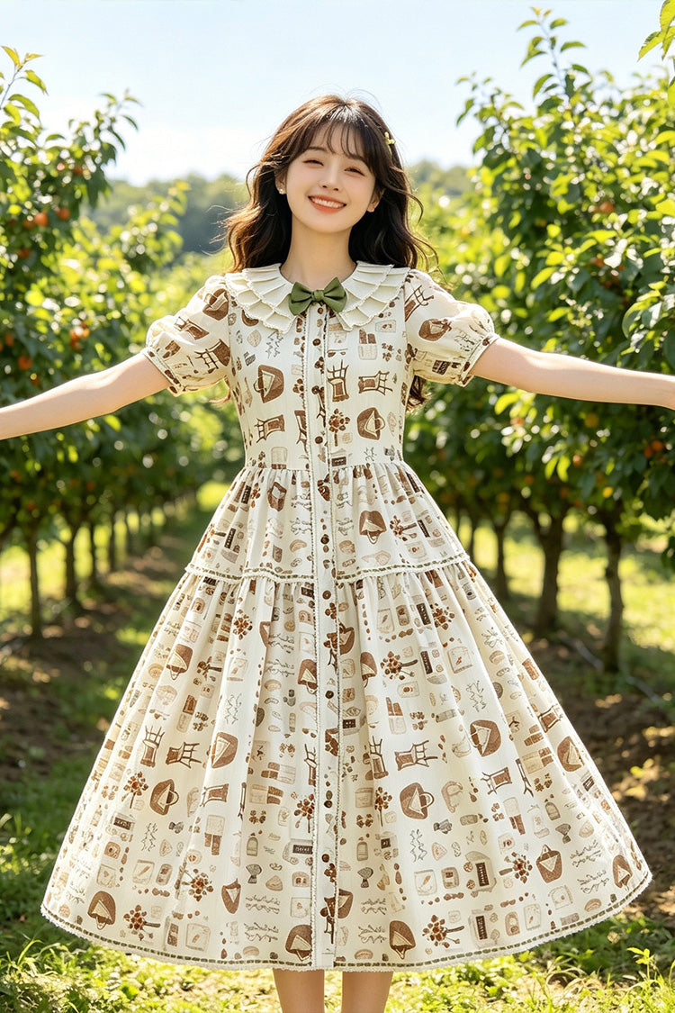 Apricot Short Sleeves Printed Ruffled Bow Sweet Plus Size Lolita Dress - Product - 3