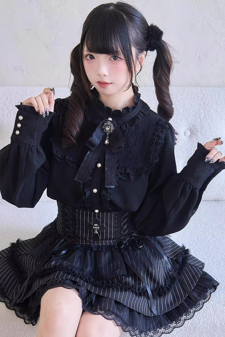 Sweet Print Ruffle Lace Lace-Up Jirai Kei Skirt 3 Colors - Product - 5