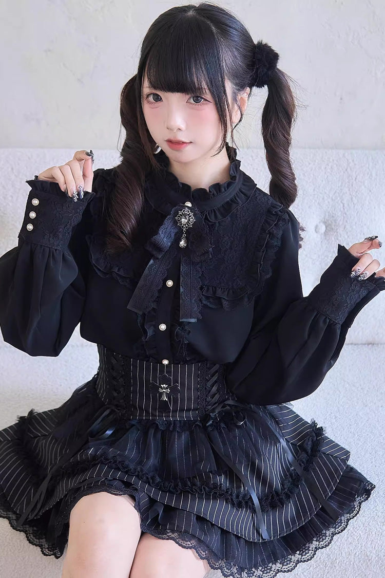 Sweet Print Ruffle Lace Lace-Up Jirai Kei Skirt 3 Colors - Product - 5