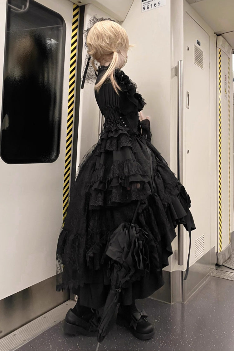 Black [Eternal Taboo] Long Hime Sleeves Ruffled Bow Gothic Lolita Skirt Dress Set - Product - 2