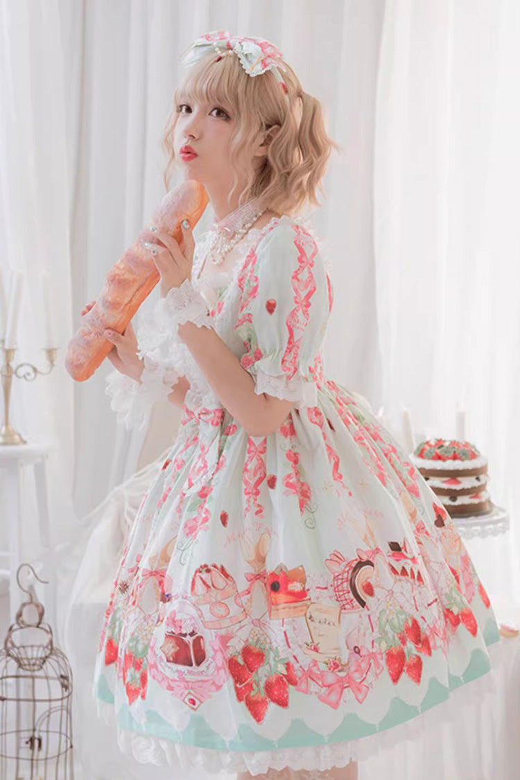 [Strawberry Feast] Short Sleeves Printed Ruffled Bow Sweet Lolita Dress 4 Colors - Product - 3